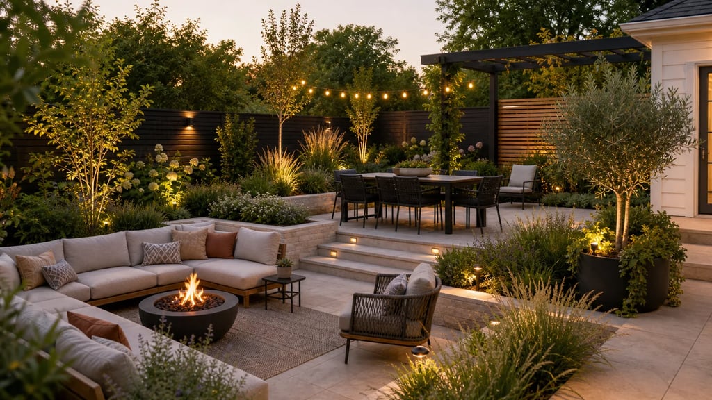 AI backyard design with outdoor seating, layered planting, and warm patio lighting