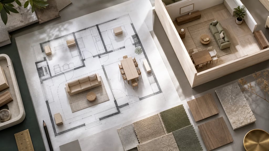 Grundriss und KI-Raumgestaltung kombiniert