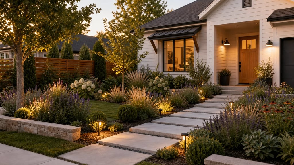 Front yard landscaping with a stone walkway, layered planting beds, and entry lighting