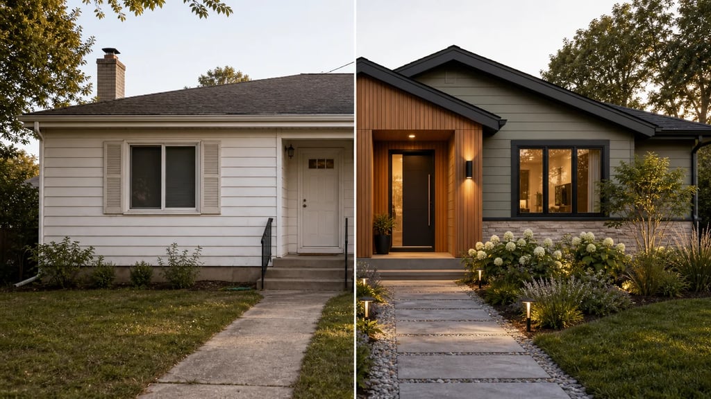 Home exterior redesign showing updated siding, trim, entry lighting, and landscaping