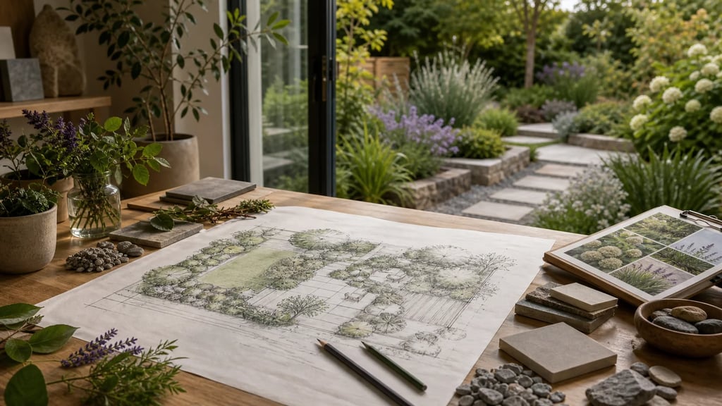 Landscape design plan with plant samples, stone materials, and a finished garden view