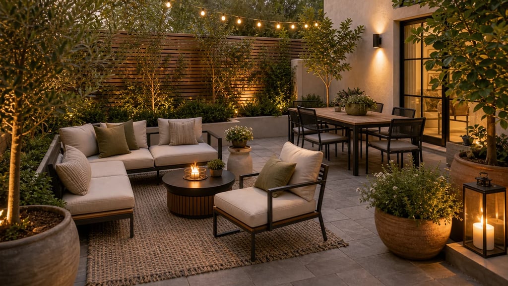 Patio design with outdoor seating, planters, warm lights, and a compact dining area