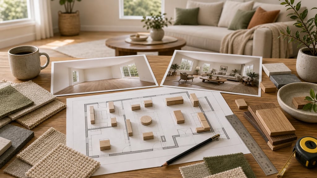Free AI room planner interface showing furniture layout