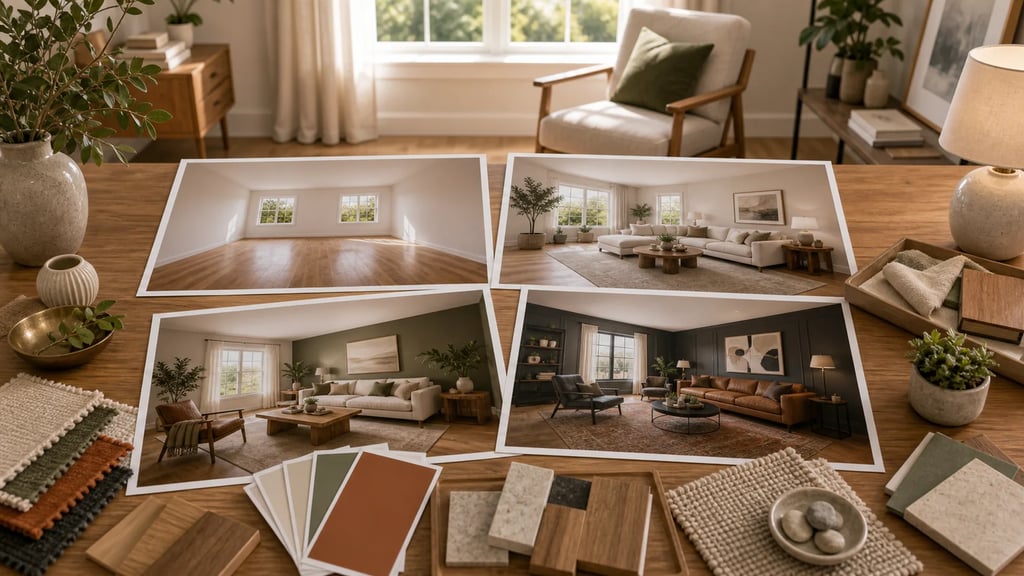 AI room visualization of a redesigned living room with photorealistic detail