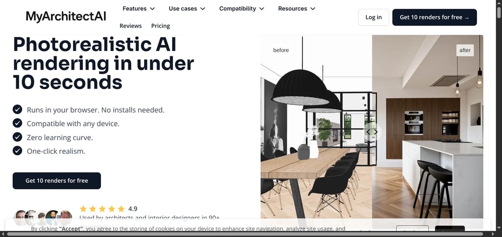 MyArchitectAI free AI rendering with before-and-after comparison