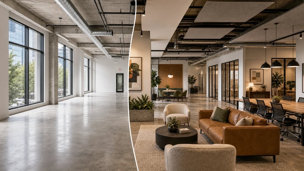Commercial virtual staging before and after office space comparison