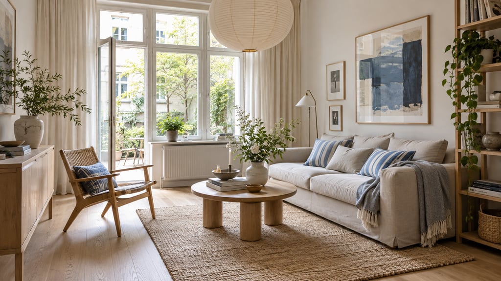 A compact Scandinavian living room, pale oak floor, oatmeal sofa, blue striped cushions, paper pendant, bright courtyard window