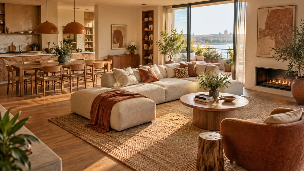 An open-plan apartment seen from a gently elevated angle, harmonious living and dining zones, oak furniture, soft terracotta