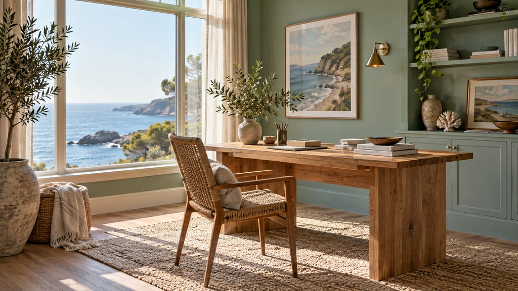 A coastal home office, sea-glass green wall, solid oak desk, woven chair, linen curtain and large window