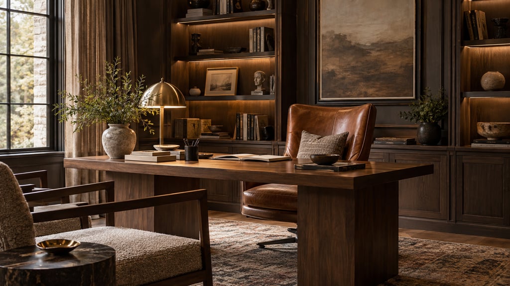 A moody refined study, chocolate brown shelving, cognac chair, warm brass lamp and side-lit desk