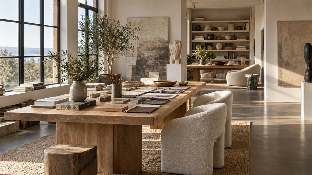 A sophisticated designer studio, generous oak worktable, material samples, sculptural seating, gallery-like natural light