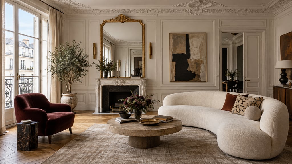 A Parisian living room, ornate ceiling moulding, contemporary curved sofa, vintage burgundy armchair and herringbone oak