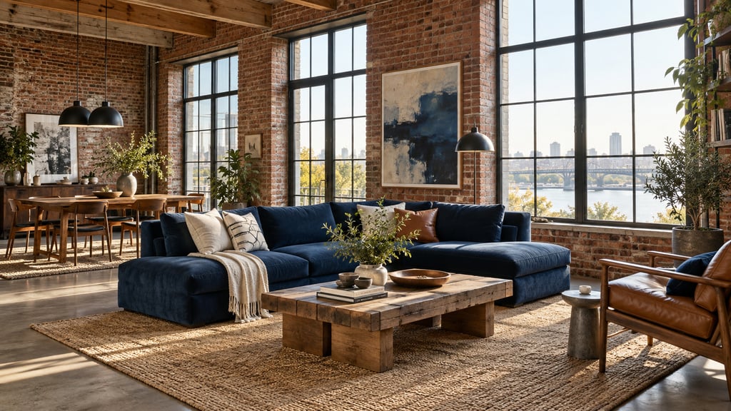A bright airy loft with brick walls, deep blue sofa and oak dining table, broad industrial windows