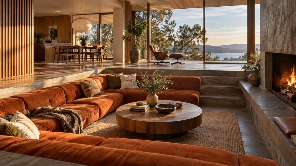 An architect-designed split-level home, sunken conversation area, burnt orange upholstery and warm timber