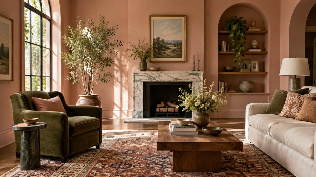 A vibrant modern sitting room, blush walls, moss-green armchair, vintage patterned rug, artful natural sunlight
