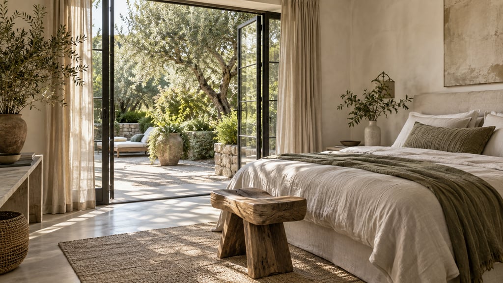 A serene limewashed bedroom opening onto a garden, linen bedding, sculptural wood stool and dappled light