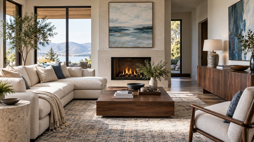 A tasteful staged contemporary living room, ivory sofa, walnut console, subtle blue art, welcoming daylight