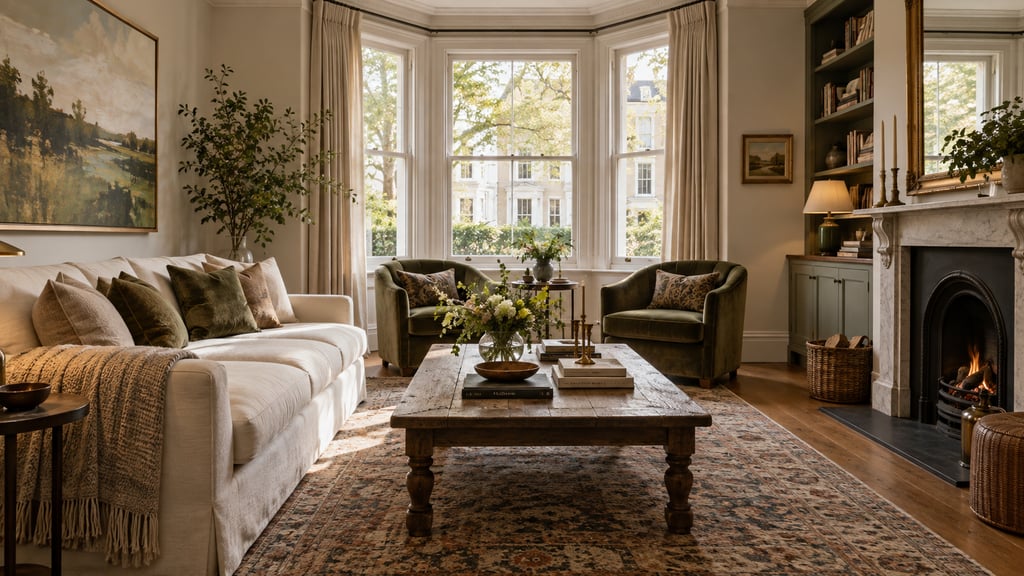 A welcoming townhouse living room with bay window, cream sofa, olive velvet chairs, antique wood coffee table