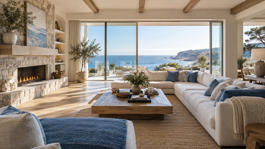 A spacious coastal property living room, ocean-blue cushions, pale oak floor, large bright glazing