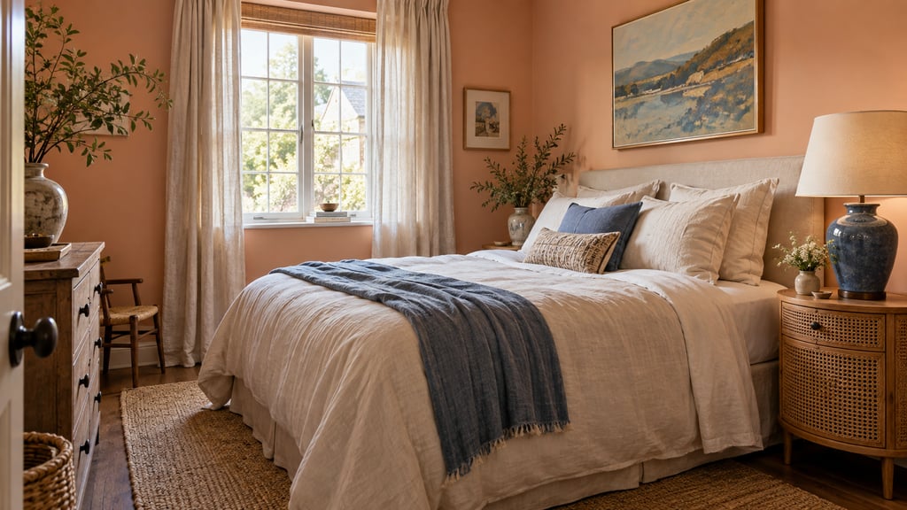 A creative small bedroom, peach walls, cream linen, cane bedside table and blue ceramic lamp