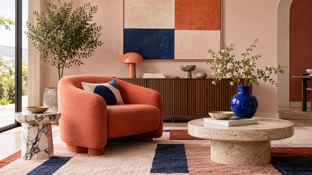 A playful tasteful colour-block interior, coral chair, pale pink wall, cobalt vase and geometric wool rug