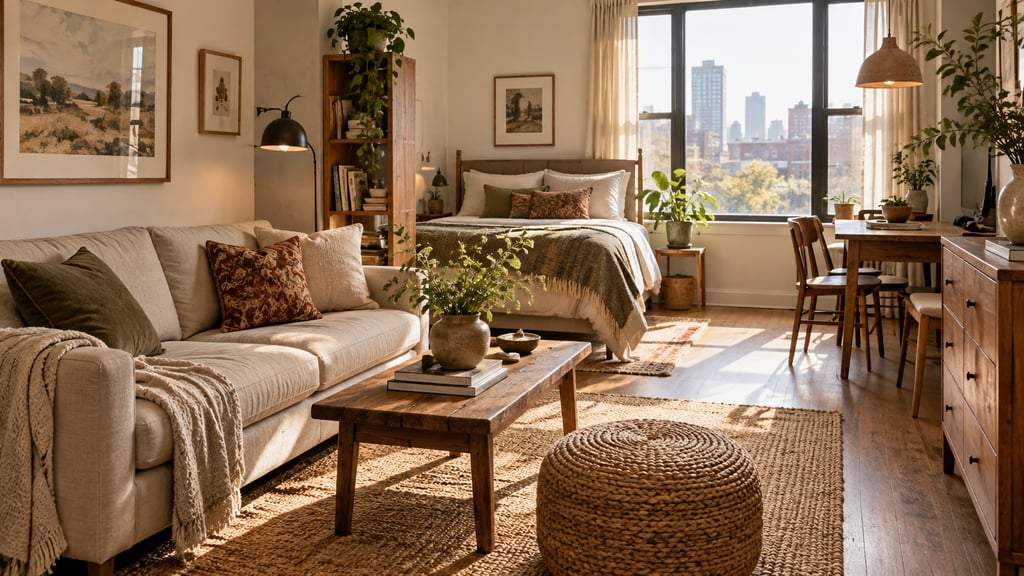 A modest sunny studio apartment, compact linen sofa, vintage wood furniture and warm woven rug