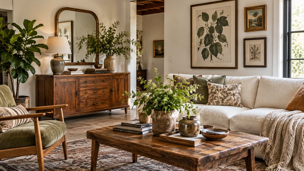 A DIY-styled living room, restored vintage sideboard, botanical art, textured white sofa, leafy plant