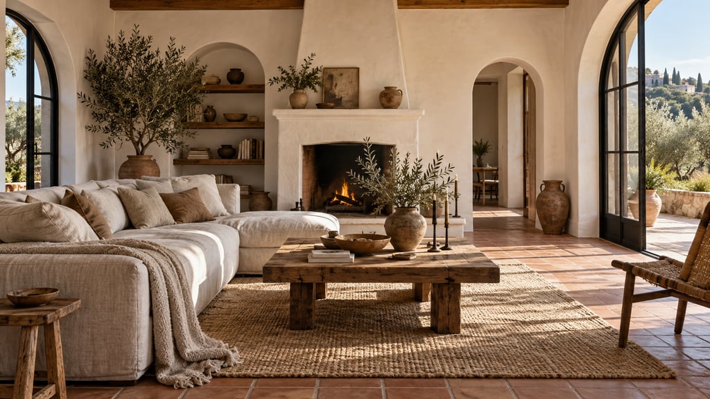 A Mediterranean living room with terracotta floor, white plaster fireplace, linen sofa and olive branches