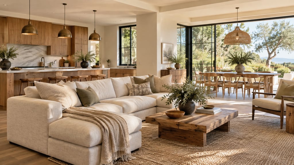 A welcoming open-plan family home, natural wood kitchen, pale sofa and sunny dining space