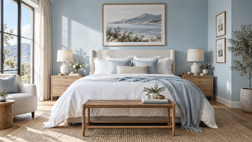 A pastel blue bedroom with white bed linen, light oak bedside tables and restrained warm accents