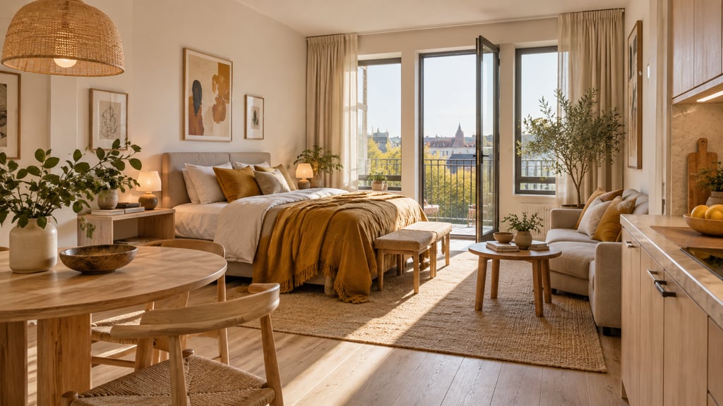 A bright staged rental studio, practical compact furnishings, pale wood and ochre textiles