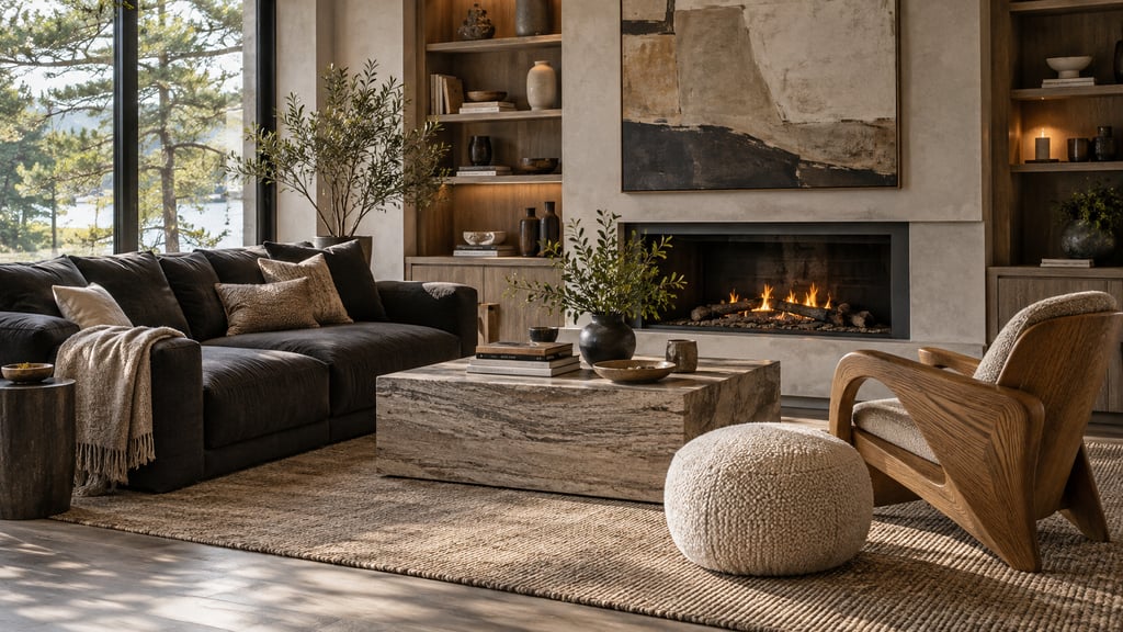 A richly textured living room with a charcoal sofa, sculptural oak chair and layered neutral materials