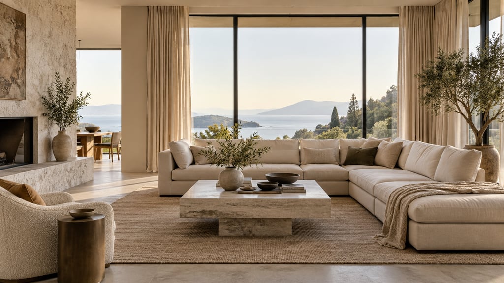A sophisticated property living room, neutral sectional, pale stone table, linen drapes and expansive windows