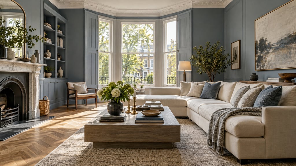 A light-filled townhouse lounge, tailored cream sofa, blue-grey walls and classic oak parquet