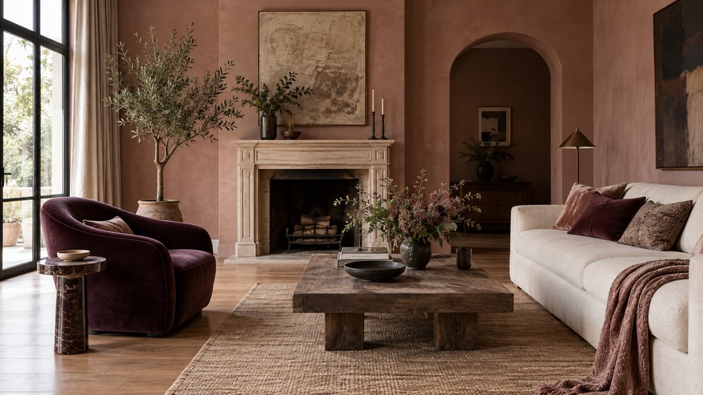 A beautiful colour study in an actual room, dusty rose plaster walls, aubergine chair, cream sofa and oak floor