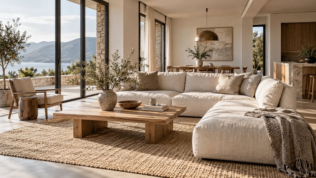 An airy newly furnished apartment, soft ivory sofa, simple oak table, woven rug and branch in a vase