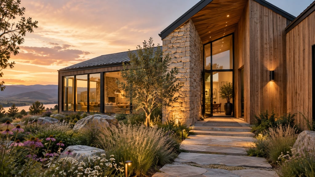 A contemporary timber-clad house exterior with stone entry, meadow planting and warm evening light