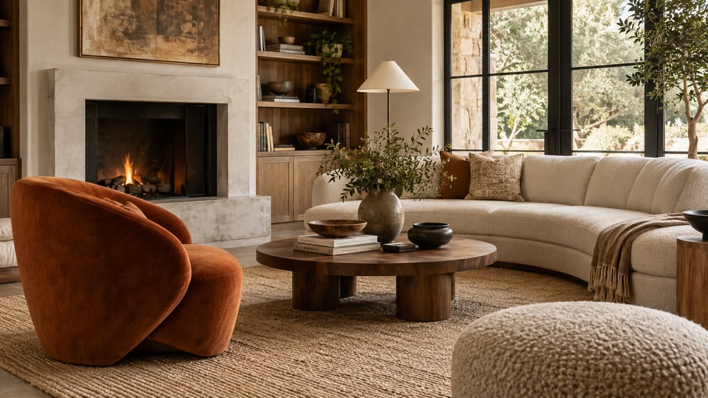 A sculptural burnt-orange armchair in a welcoming living room, curved pale sofa and walnut coffee table