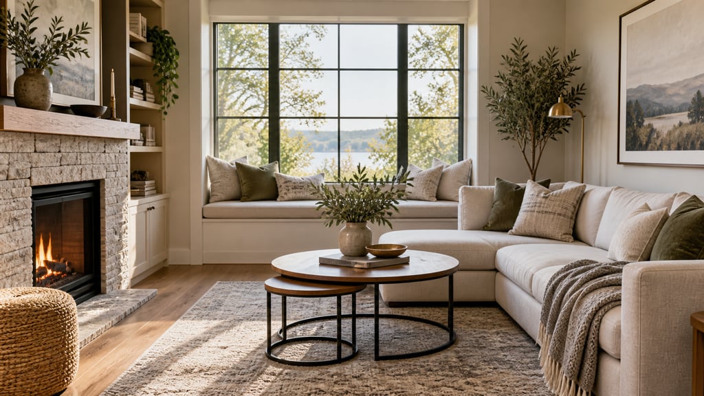 A beautifully proportioned small living room, window seat, compact sectional and round nesting tables