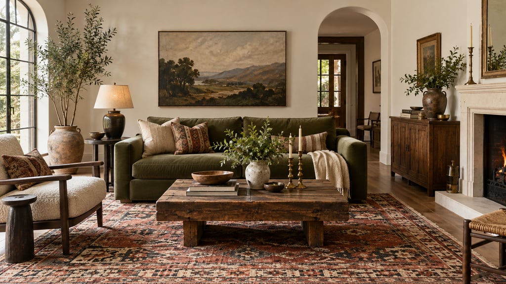 An eclectic curated interior combining antique oak, modern olive sofa, vintage kilim and cream walls