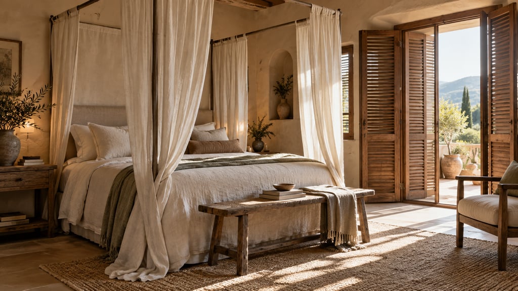 A tranquil bedroom retreat, linen canopy bed, warm plaster walls, timber shutters and soft sun