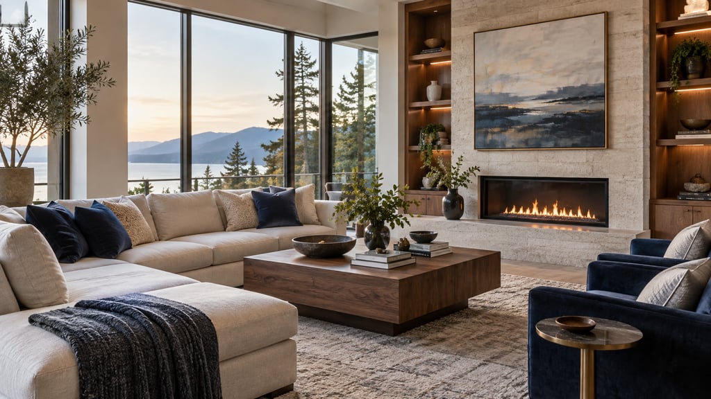 A polished real-estate living room with large windows, cream sofa, navy accents and walnut furniture