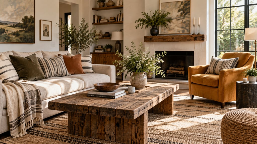 A creative budget living room, salvaged wood coffee table, striped cushions, ochre armchair and cheerful daylight