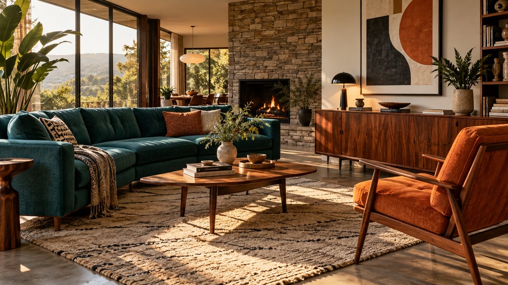 A bold tasteful mid-century living room, teal sofa, rosewood cabinet, orange accent chair and warm afternoon light