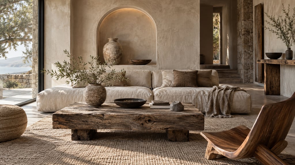A serene wabi-sabi lounge, sculpted plaster niche, low linen sofa, weathered wood and natural stone