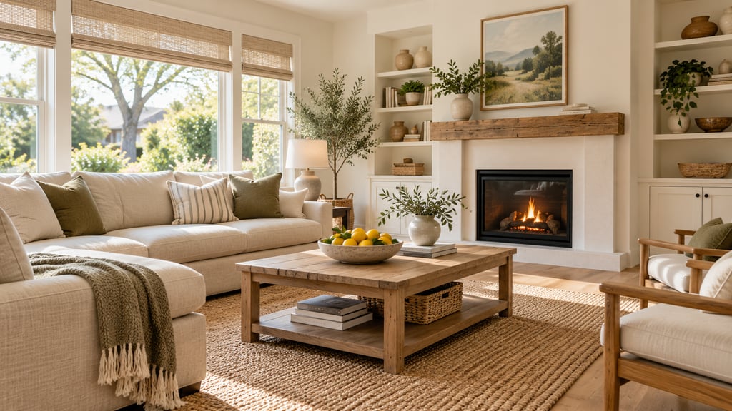 A bright, decluttered family living room with a linen sofa, jute rug and a bowl of lemons on the coffee table