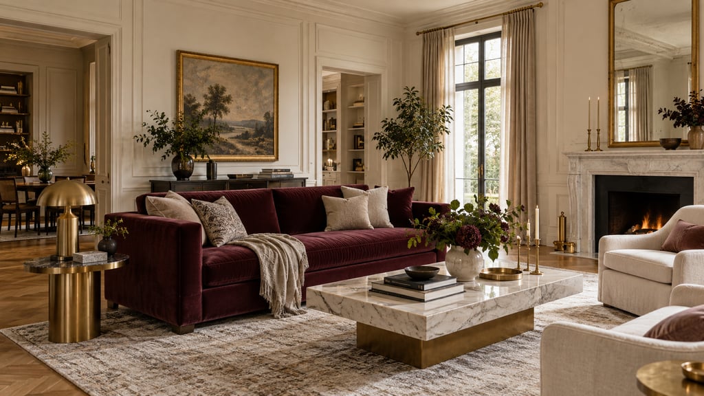 A modern classic living room with burgundy velvet sofa, ivory walls, oak parquet and soft brass details