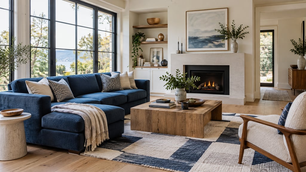 Heller möblierter Wohnraum mit blauem Sofa und geometrischem Teppich