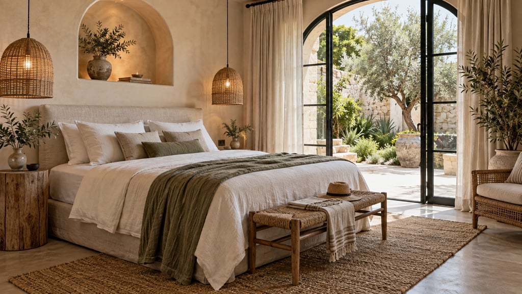 A boutique holiday rental bedroom, natural linen bed, woven pendants, arched niche and courtyard garden view