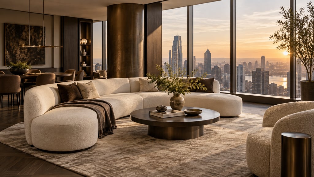 A premium urban apartment with skyline windows, curved cream seating, dark walnut and restrained bronze
